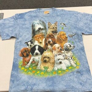 Blue Tye-Dye T-Shirt by the Mountain with DOGS AND 2 birds graphic print.